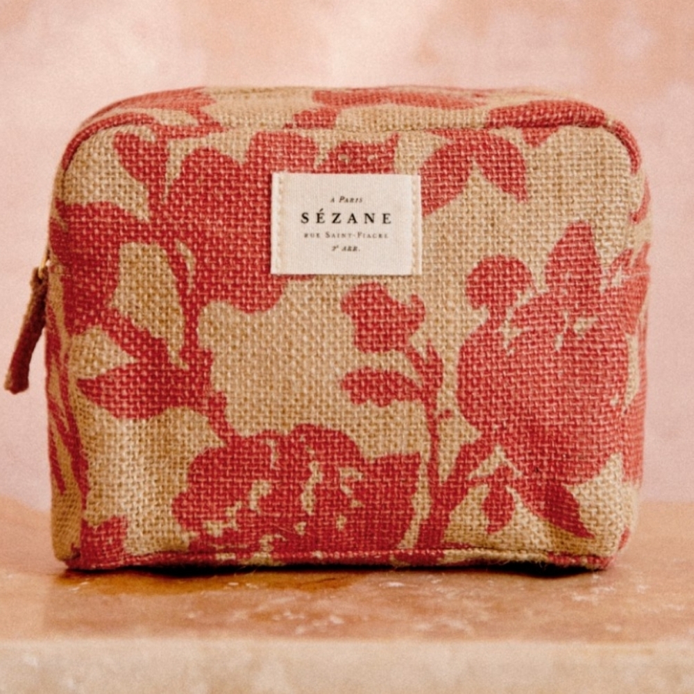 Sezane Floral Burlap Cosmetic Bag